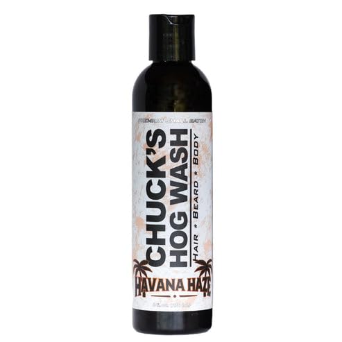 Badass Beard Care Chuck's Hog Wash Havana Haze bottle pour for daily beard cleansing and skin hydration.