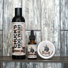 Badass Beard Care Havana Haze in-use image demonstrates easy dropper application.