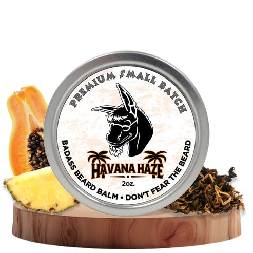 Badass Beard Care Havana Haze balm tin for beard softness.