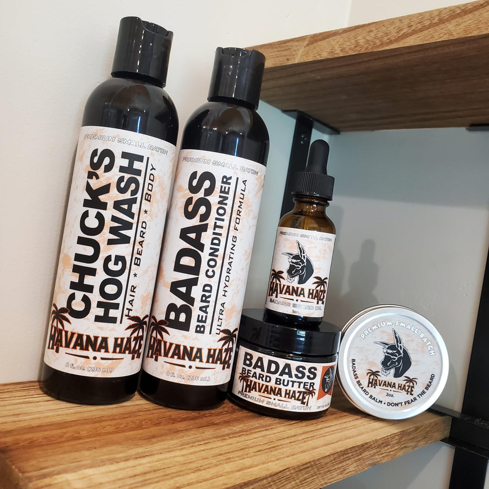 Badass Beard Care Havana Haze packaging— travel-friendly 1 oz bottle ready for grooming.