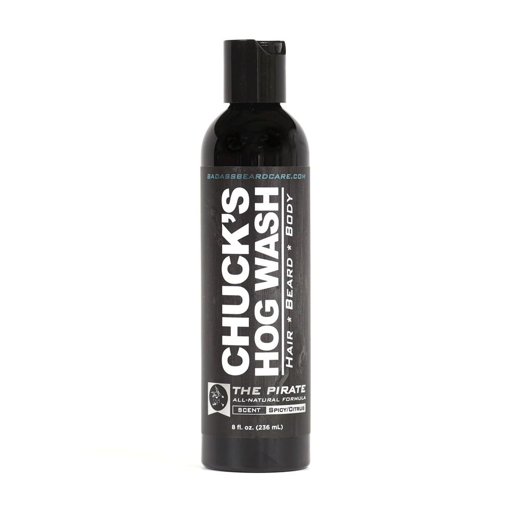 Badass Beard Care Chuck's Hog Wash pirate scent bottle front, all-natural daily beard care.