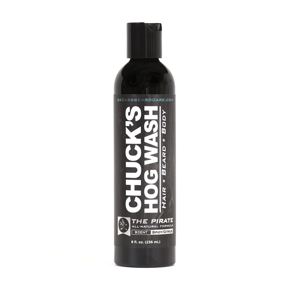 Badass Beard Care Chuck's Hog Wash pirate scent bottle front, all-natural daily beard care.
