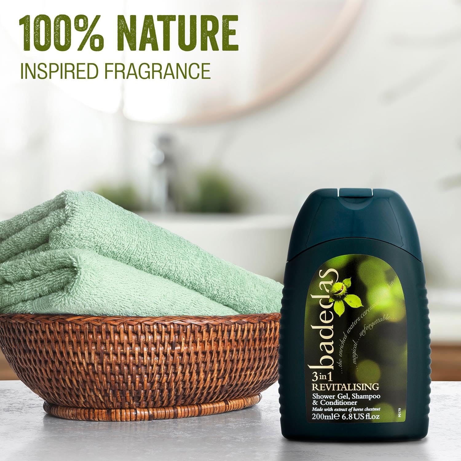 Badedas Revitalising shower gel label close-up highlights natural extracts