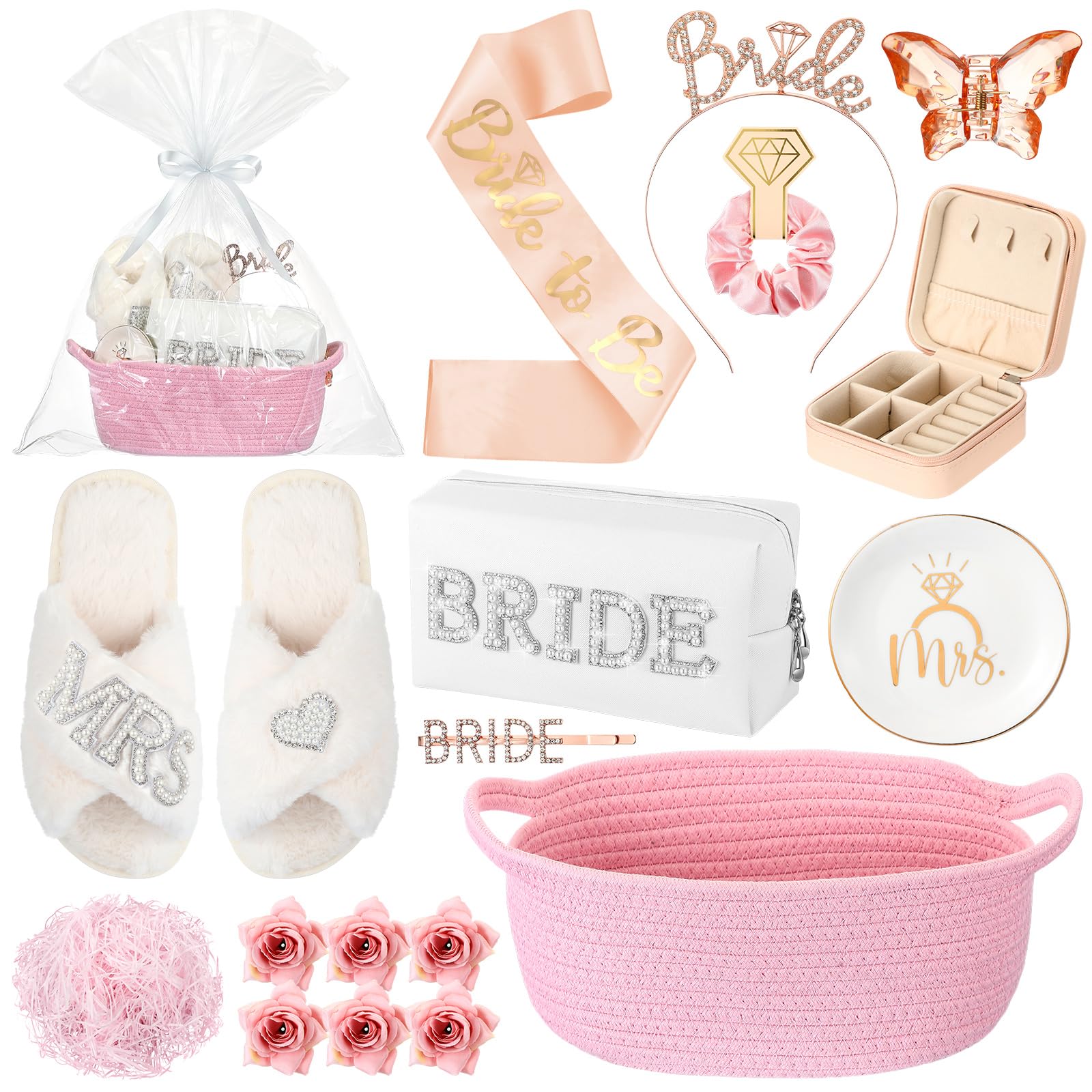 Baderke 17-Pcs Bride to Be Gift Basket with slippers and accessories for bridal showers.