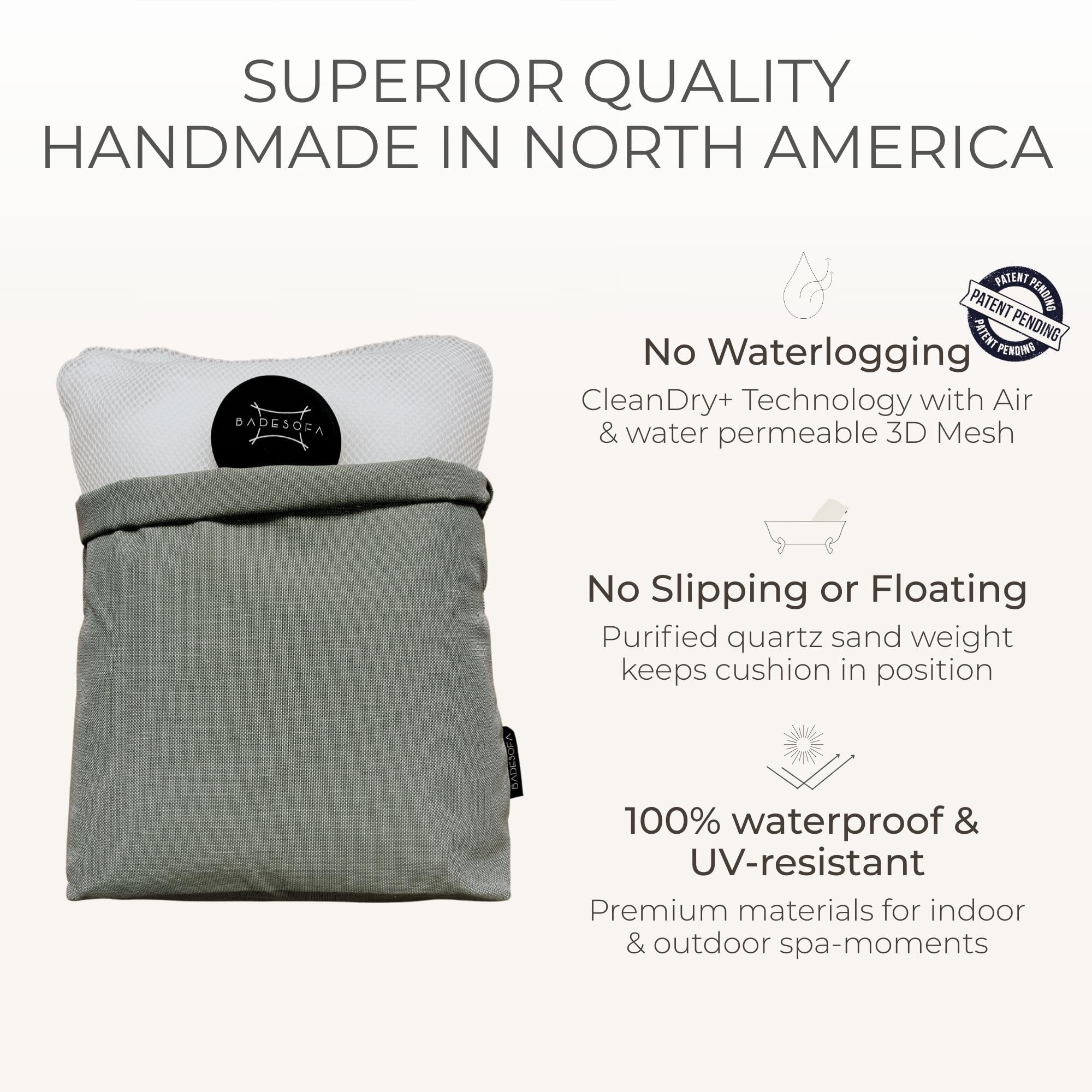 BADESOFA Luxury Bath Pillow S 3D mesh drying system for faster air circulation.