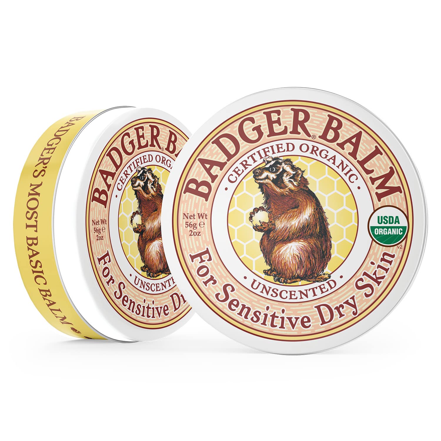 Badger Balm beeswax barrier emphasizes protective, fragrance-free touch for sensitive skin.