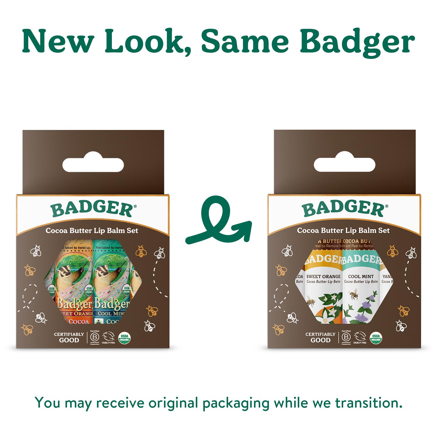 Badger Cocoa Butter Lip Balm Set cocoa flavor tube resting on skin adds nourishing appeal