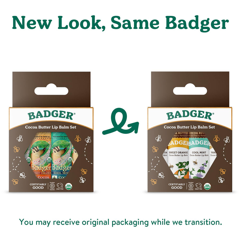 Badger Cocoa Butter Lip Balm Set cocoa flavor tube resting on skin adds nourishing appeal
