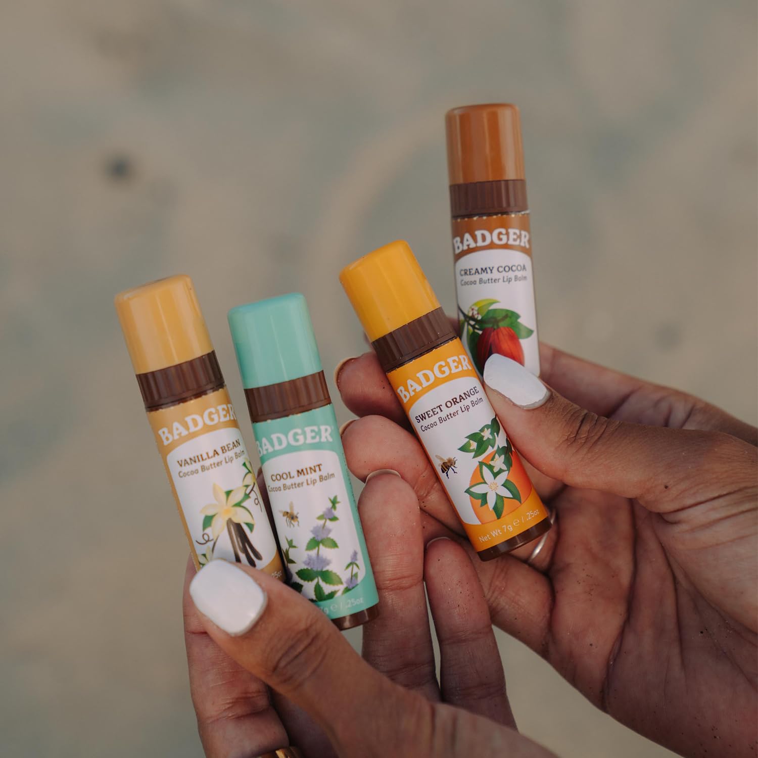 Badger Cocoa Butter Lip Balm Set on vanity ready for daily use and moisture