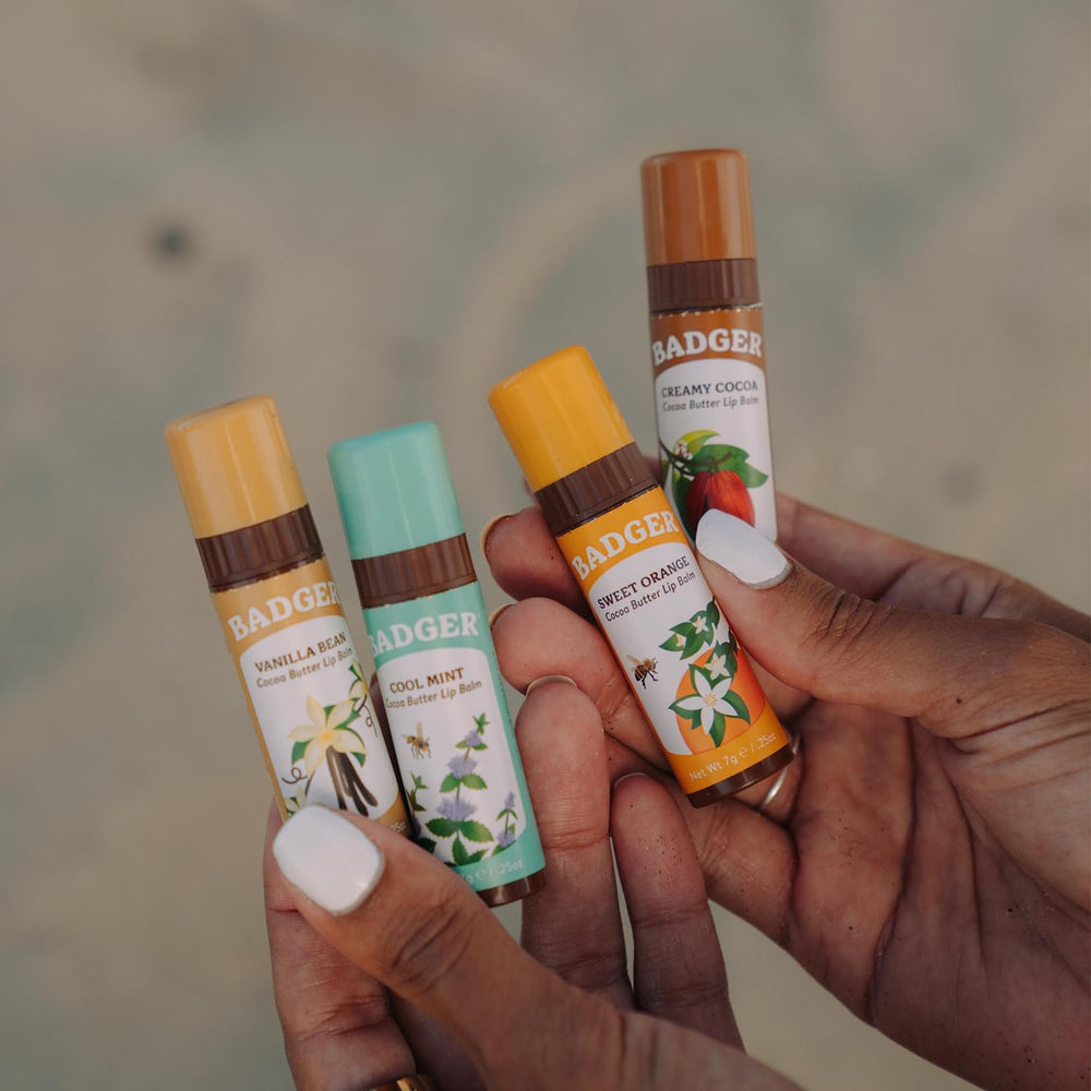 Badger Cocoa Butter Lip Balm Set on vanity ready for daily use and moisture
