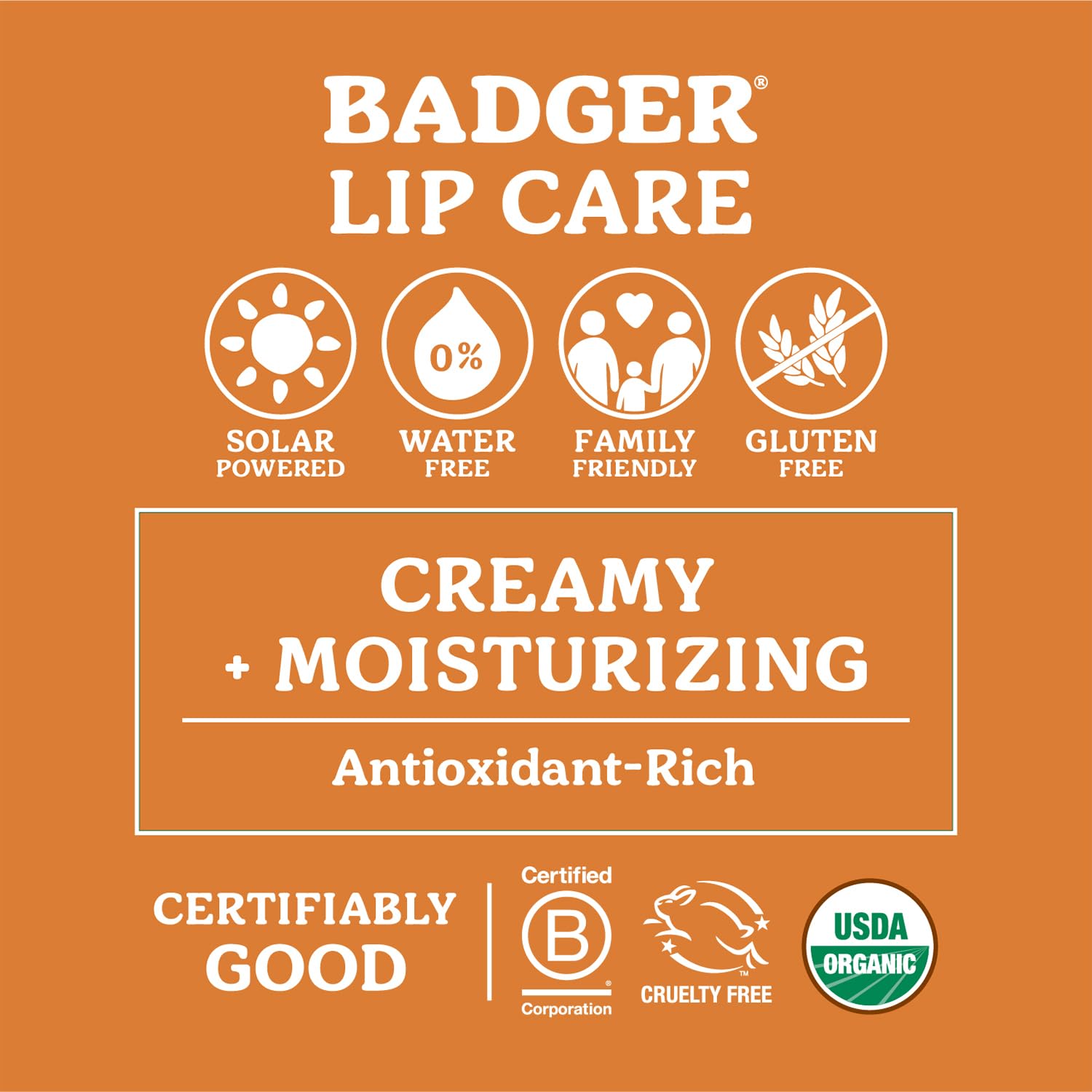 Badger Cocoa Butter Lip Balm Set vanilla flavor tube shown with natural ingredients