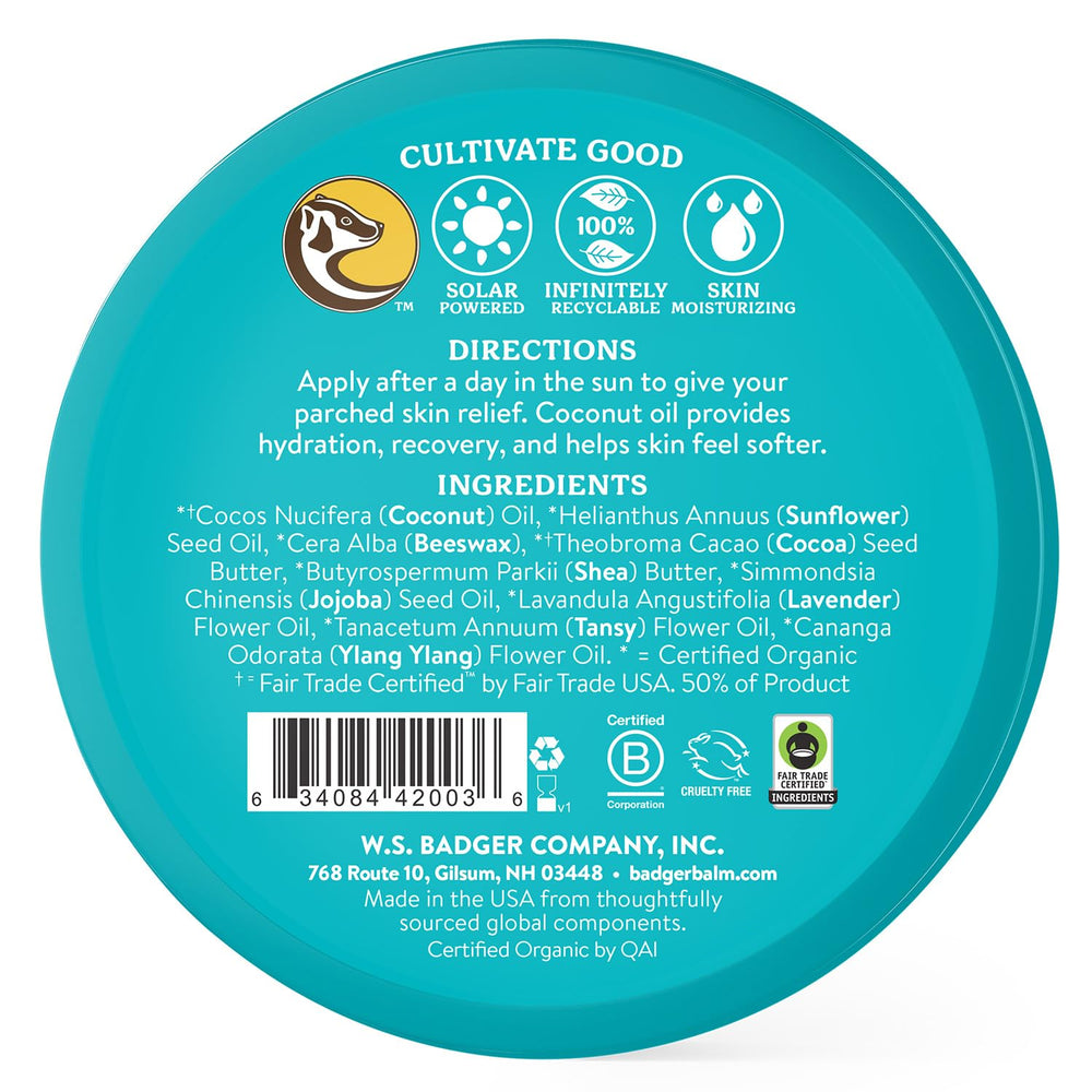 Badger Coconut AfterSun Balm packaging in eco-friendly metal tin for travel use