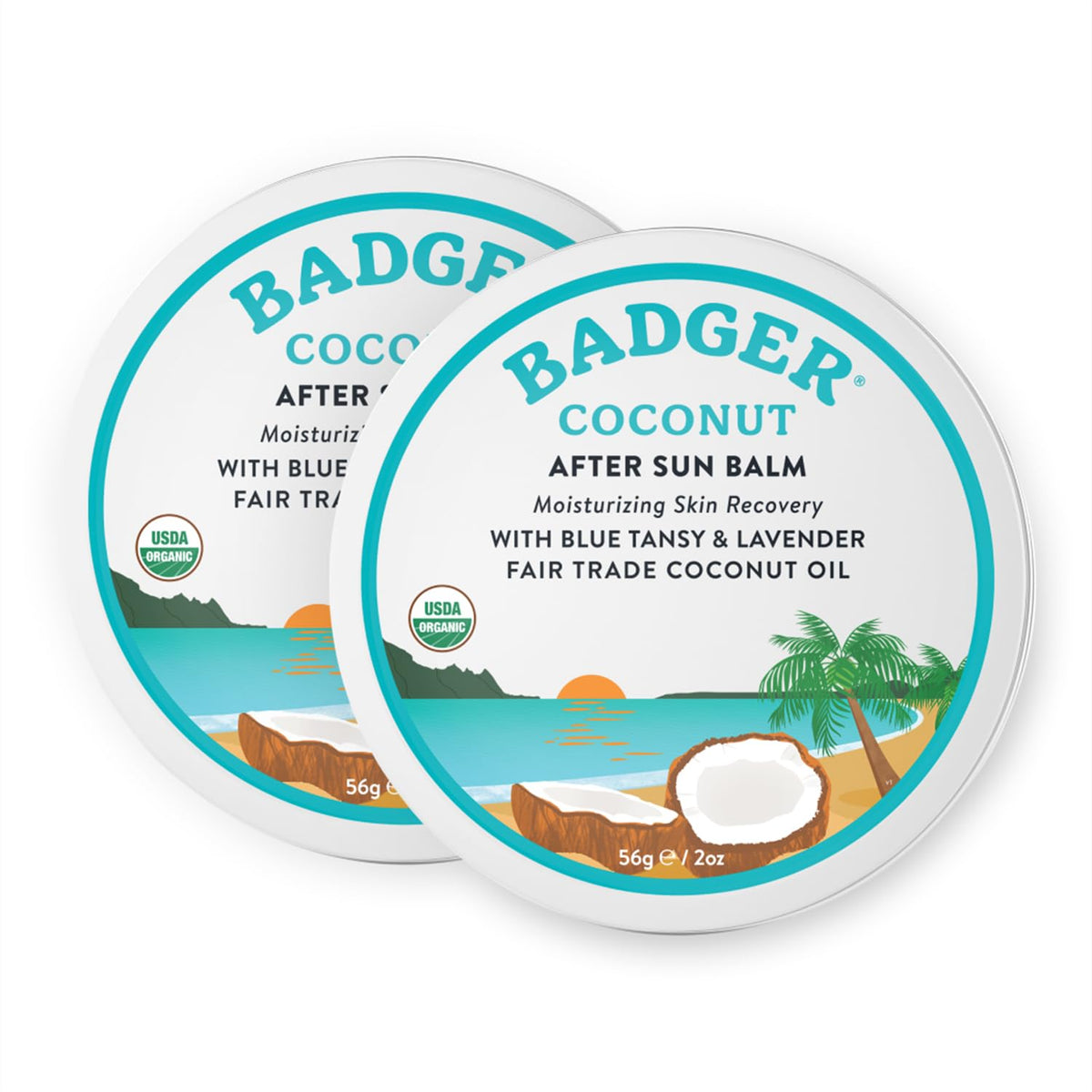 Badger Coconut AfterSun Balm tin opened showing rich hydration for sun-exposed skin