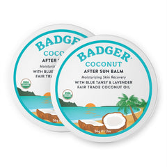Badger Coconut AfterSun Balm tin opened showing rich hydration for sun-exposed skin