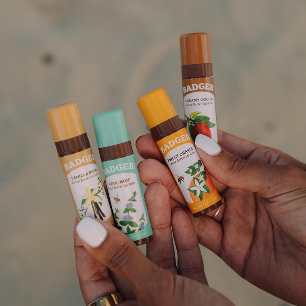 Front label of Badger lip balm featuring organic formula.