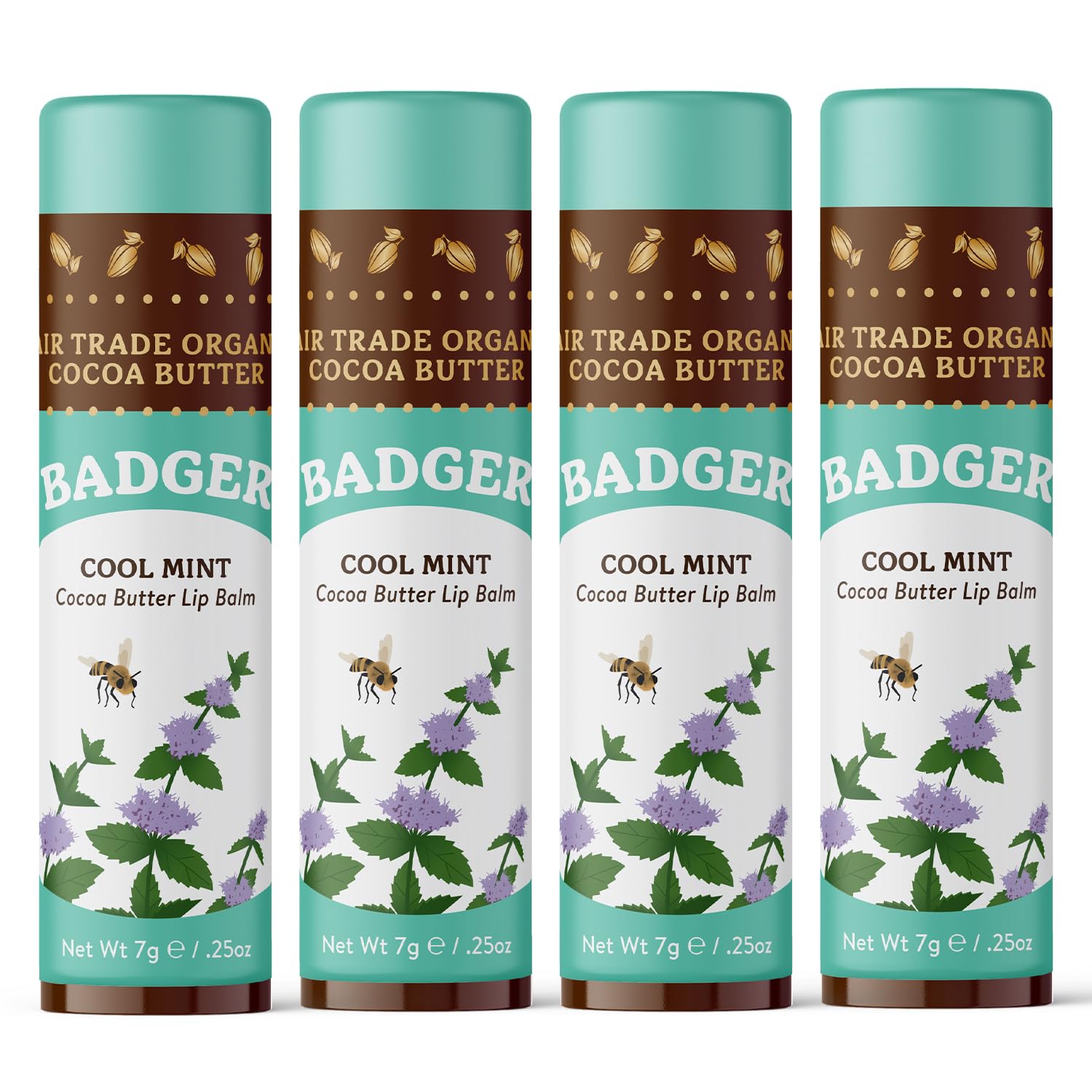 Badger Cool Mint Cocoa Butter Lip Balm stick provides smooth, long-lasting moisture.