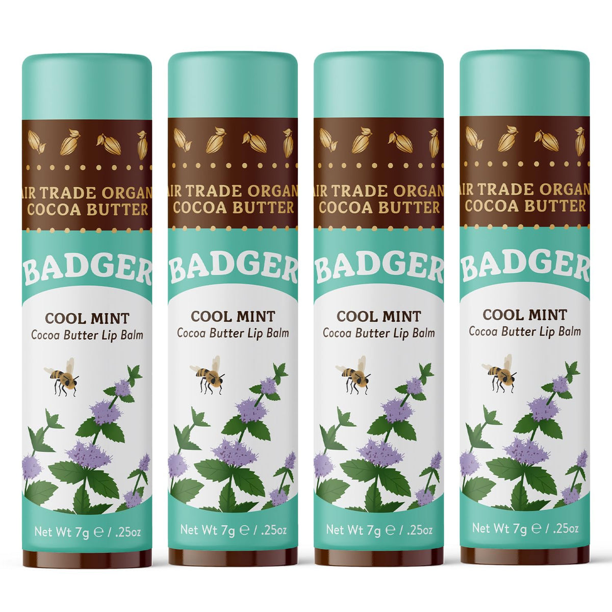 Badger Cool Mint Cocoa Butter Lip Balm stick provides smooth, long-lasting moisture.