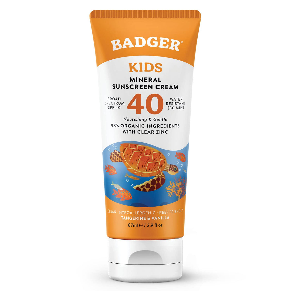 Badger Kids Mineral Sunscreen Cream SPF40 tube providing gentle protection for kids.