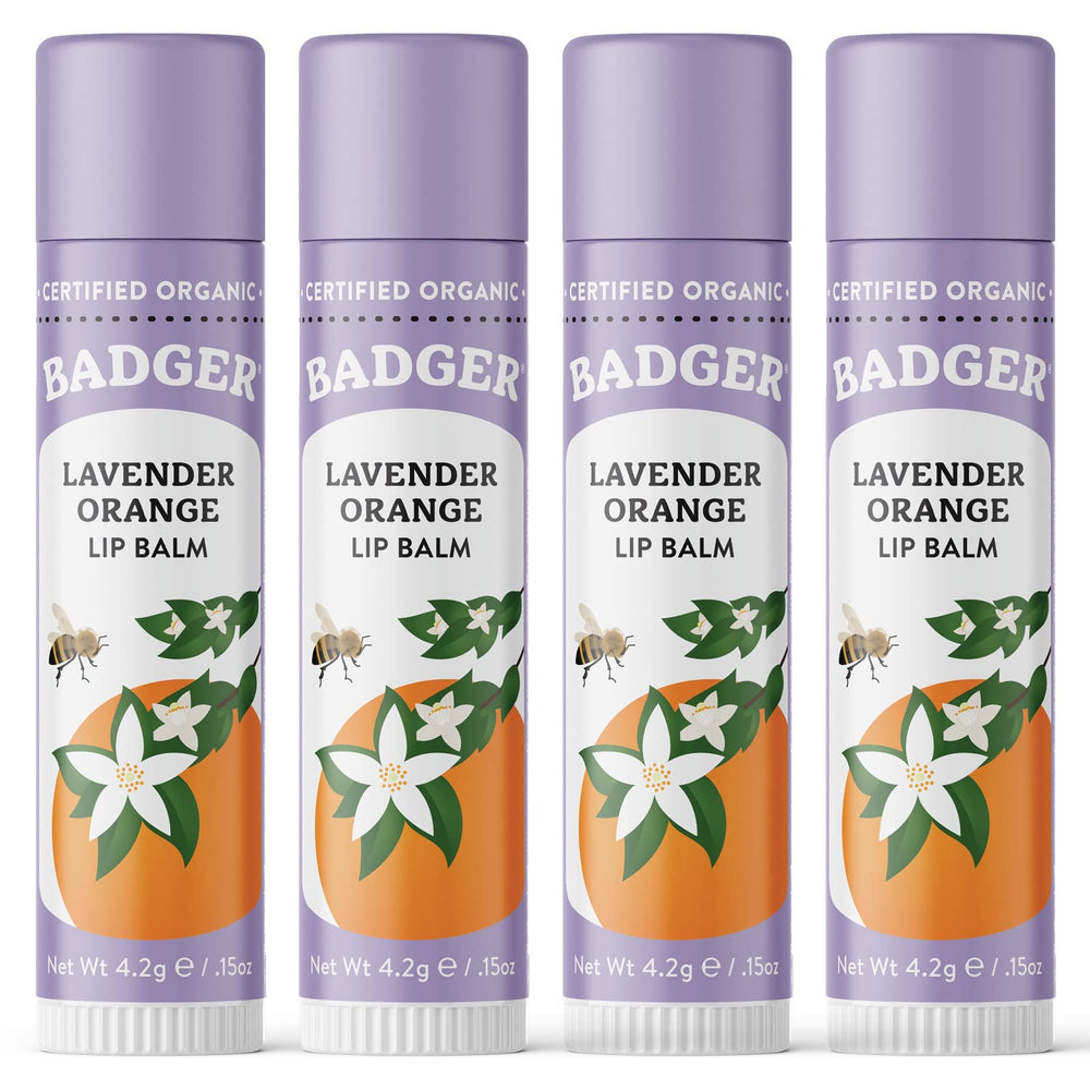 Badger Lavender Orange Lip Balm packaging showing long-lasting moisture.