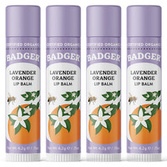 Badger Lavender Orange Lip Balm packaging showing long-lasting moisture.