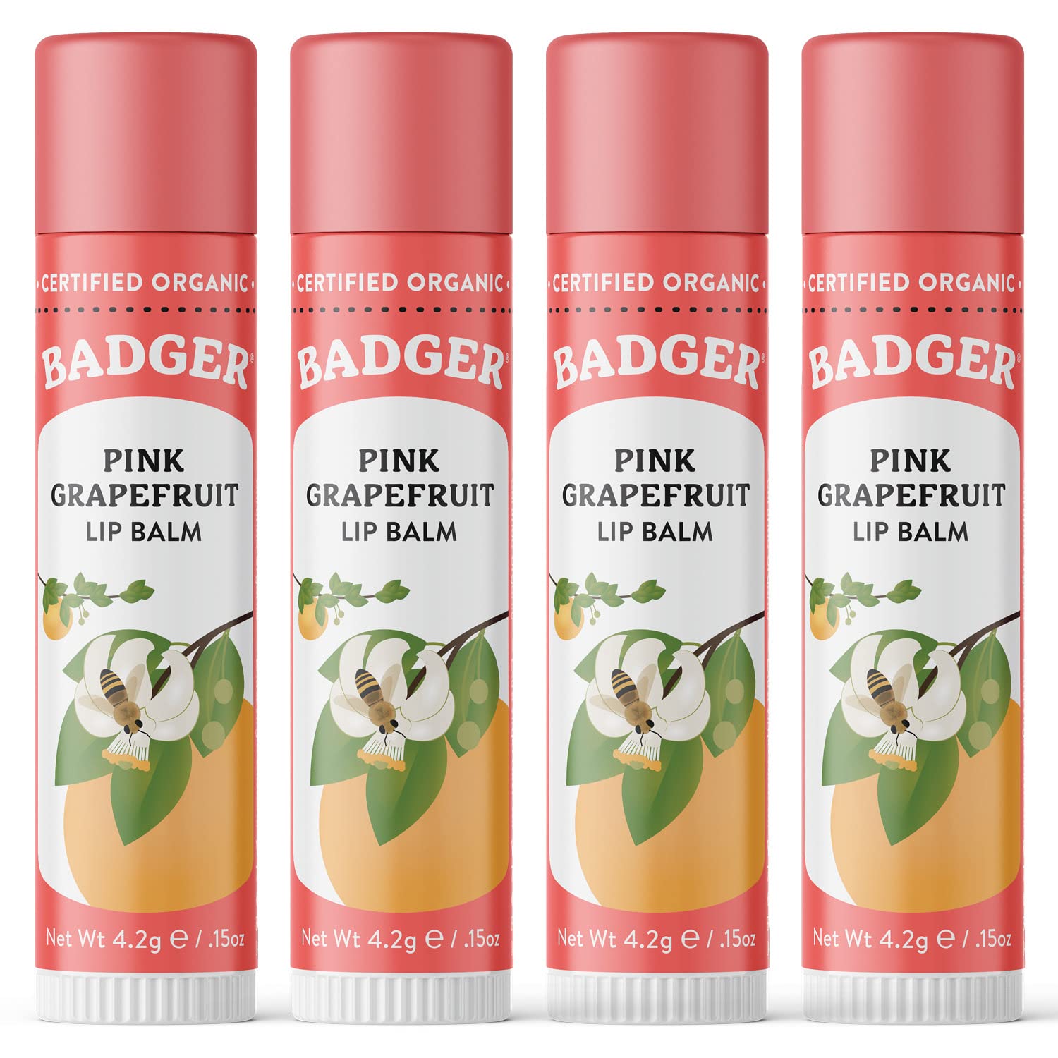 Badger Pink Grapefruit Lip Balm packaging close-up showing organic formula for hydration