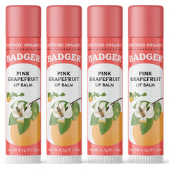 Badger Pink Grapefruit Lip Balm packaging close-up showing organic formula for hydration