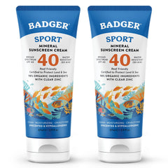 Badger Reef Safe Sport sunscreen bottle closeup showing SPF 40 for all-day beach days.