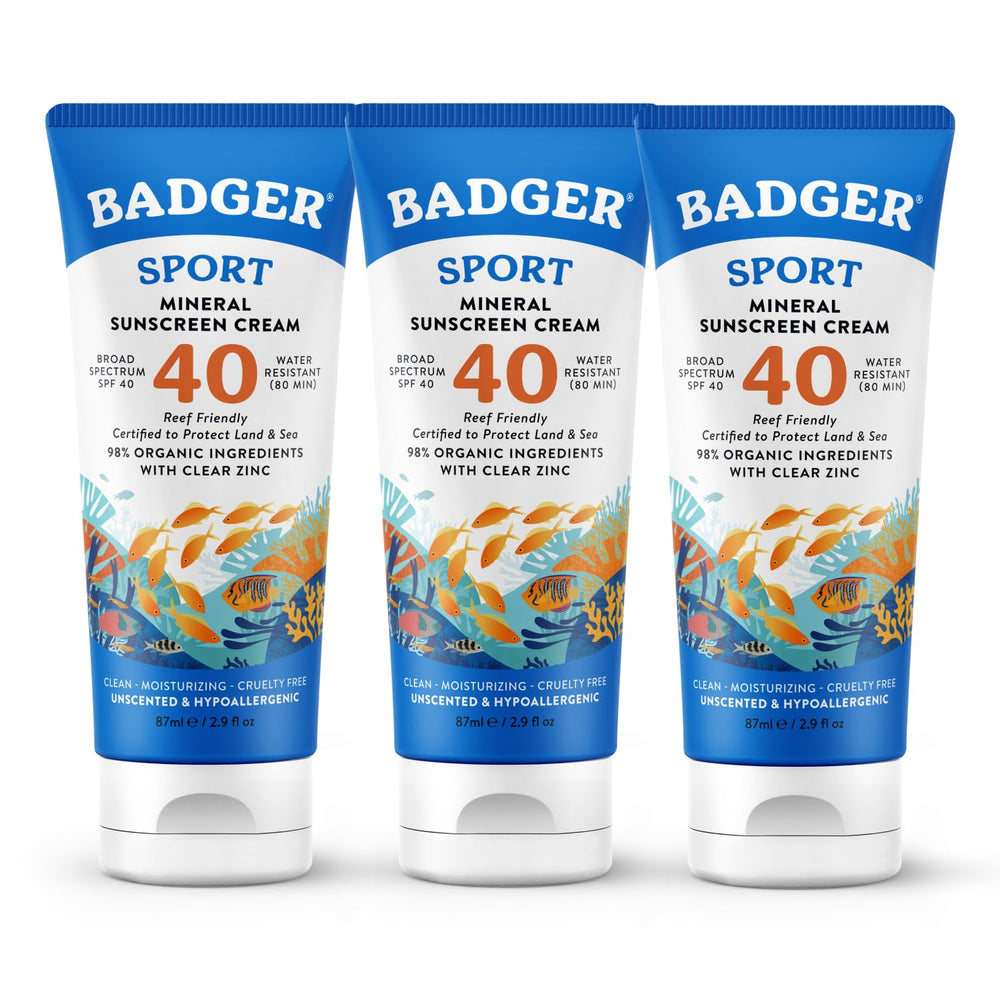 Badger Reef Safe Sunscreen bottle close-up, unscented protection for sensitive skin and sport.