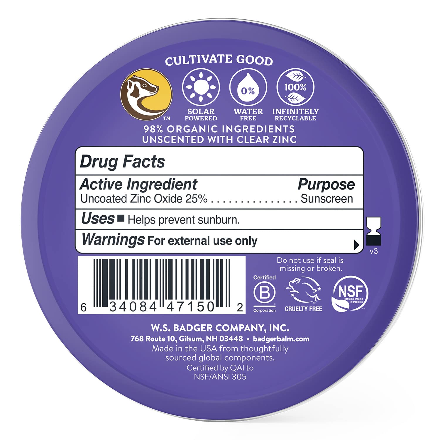 Close-up of Badger SPF 50 mineral sunscreen label highlighting reef-safe formula.