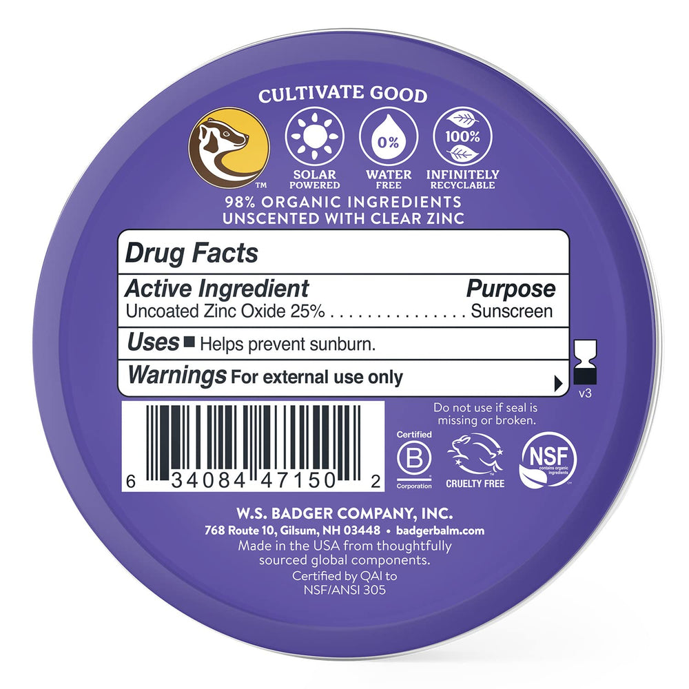 Close-up of Badger SPF 50 mineral sunscreen label highlighting reef-safe formula.