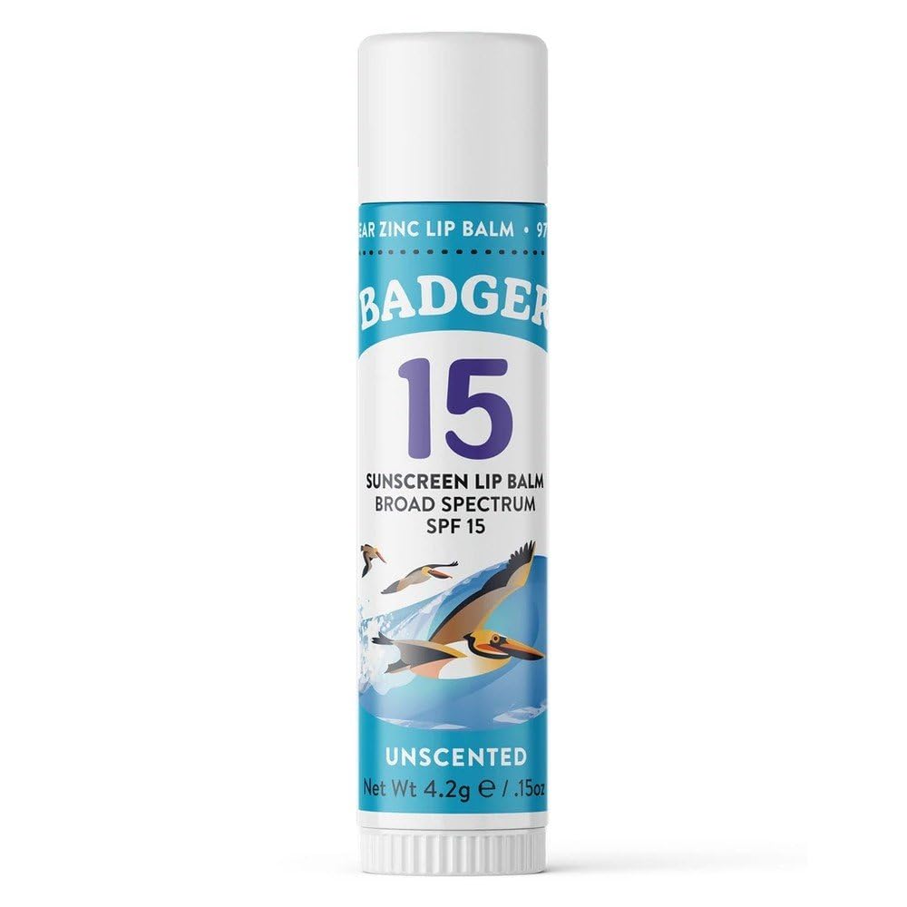 Badger Sunscreen Lip Balm SPF 15 with zinc oxide protects lips from sun.