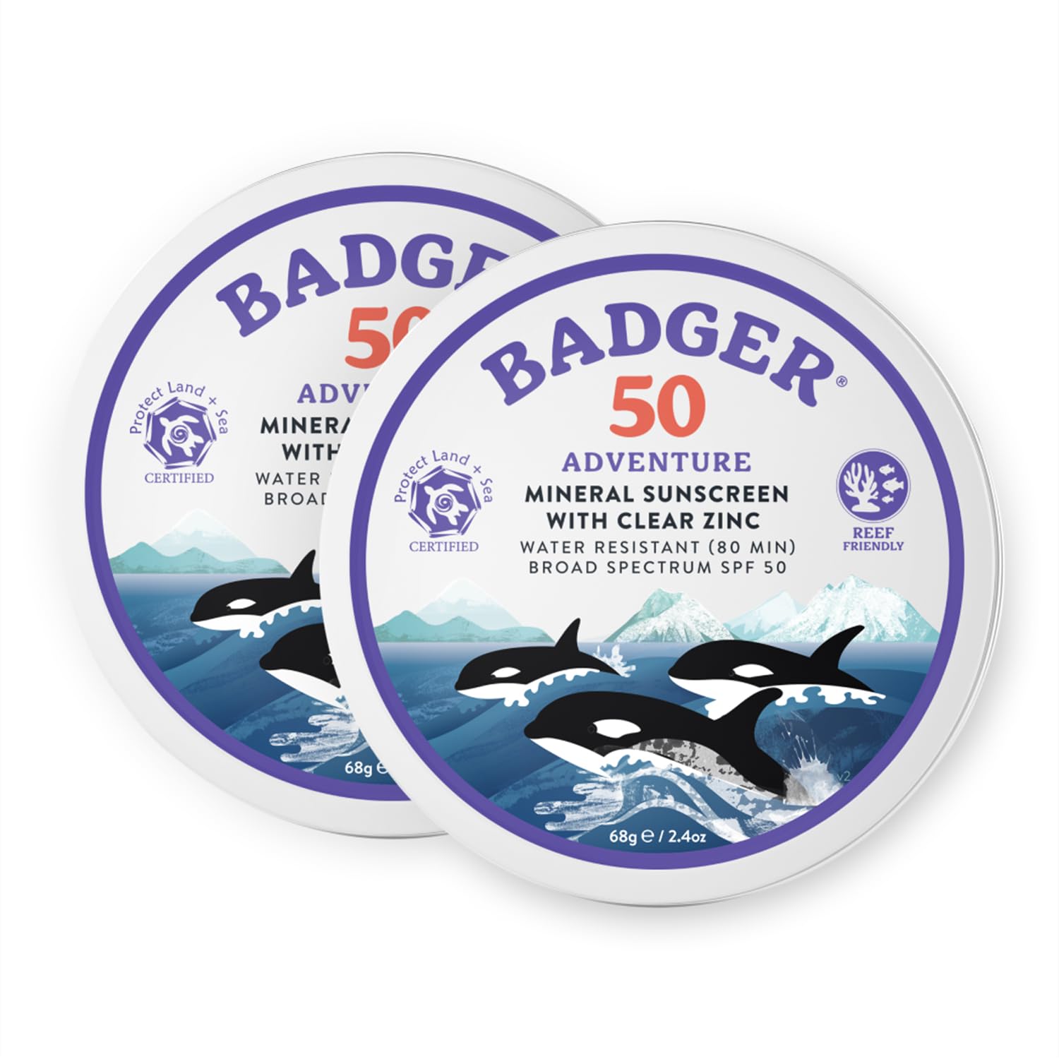 Badger reef-safe SPF 50 mineral sunscreen tin, travel two-pack for beach days.