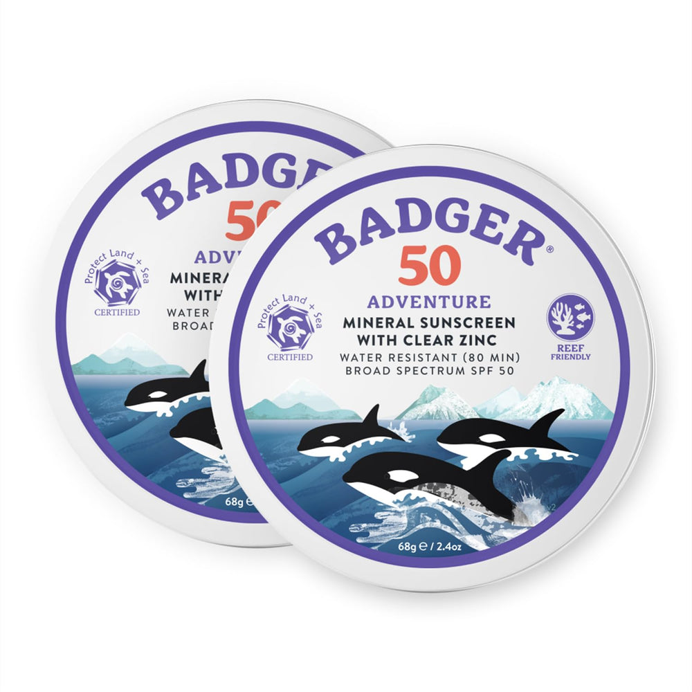 Badger reef-safe SPF 50 mineral sunscreen tin, travel two-pack for beach days.