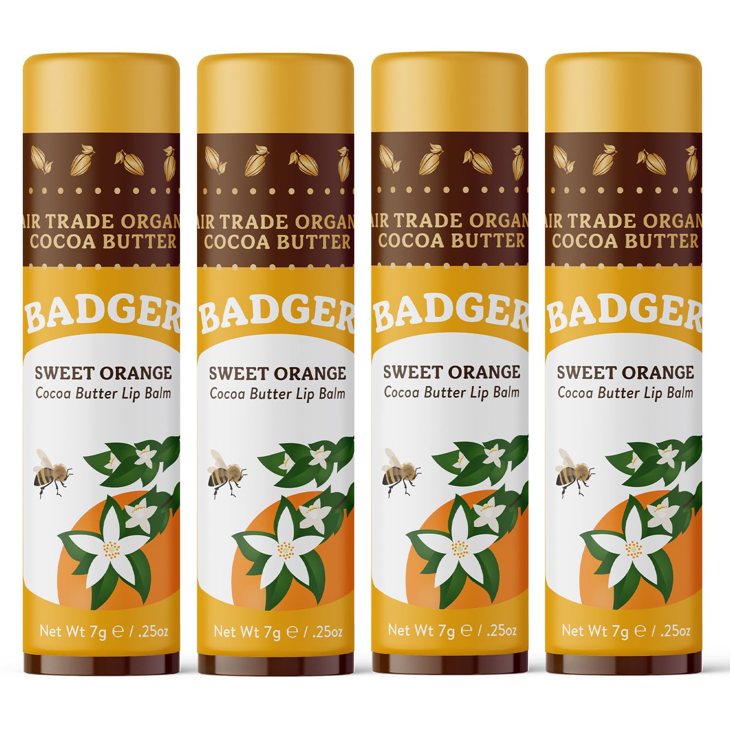 Badger Sweet Orange Cocoa Butter Lip Balm closeup shows creamy, hydrating texture