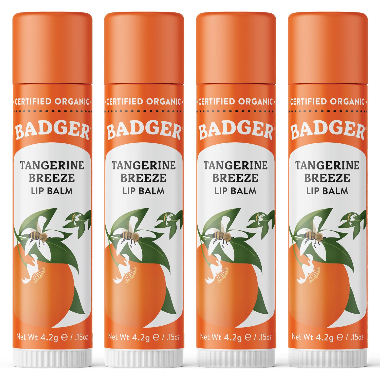 Badger Tangerine Breeze lip balm packaging shown, providing long-lasting moisture for dry lips.