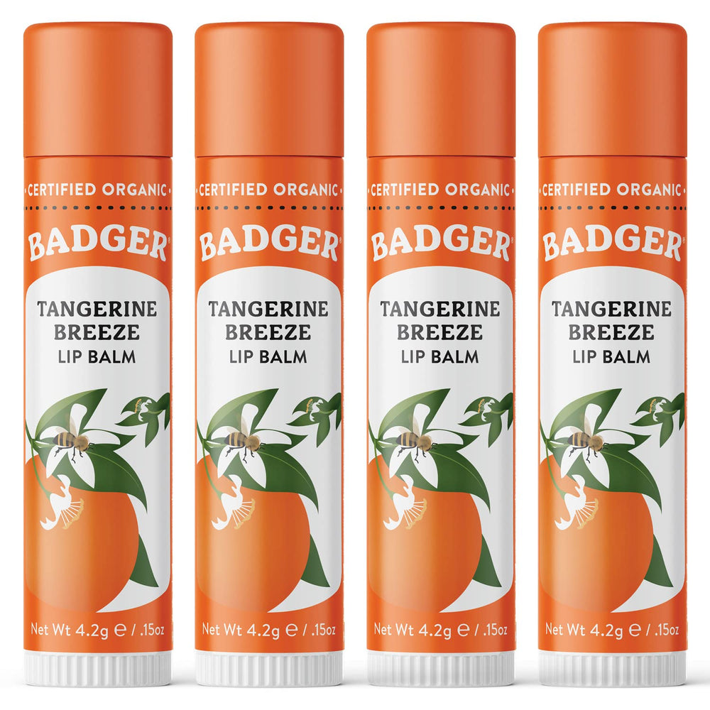 Badger Tangerine Breeze lip balm packaging shown, providing long-lasting moisture for dry lips.