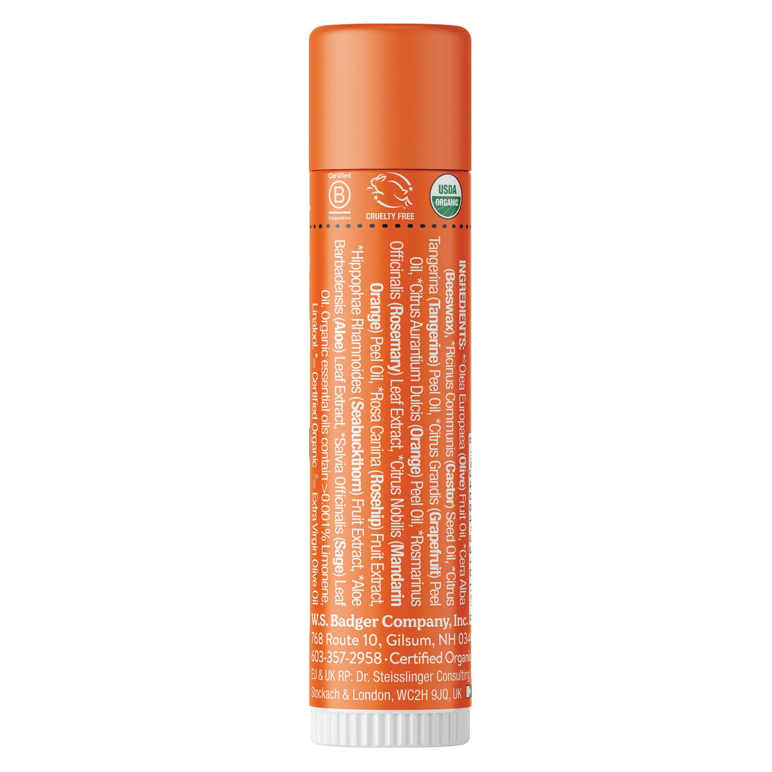 Badger Tangerine Breeze lip balm twist-action tube ready for quick lip-touchups.