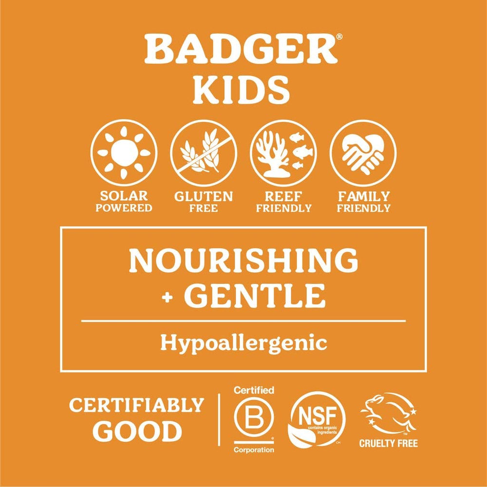 Badger Tangerine Vanilla scented sunscreen enhances kid-friendly application.