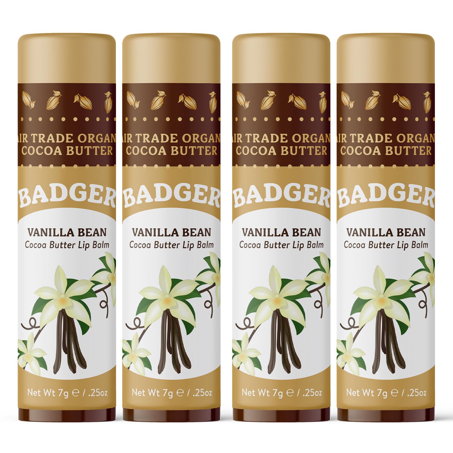 Badger Vanilla Bean Cocoa Butter Lip Balm in a four-pack, ultra-hydrating for dry lips