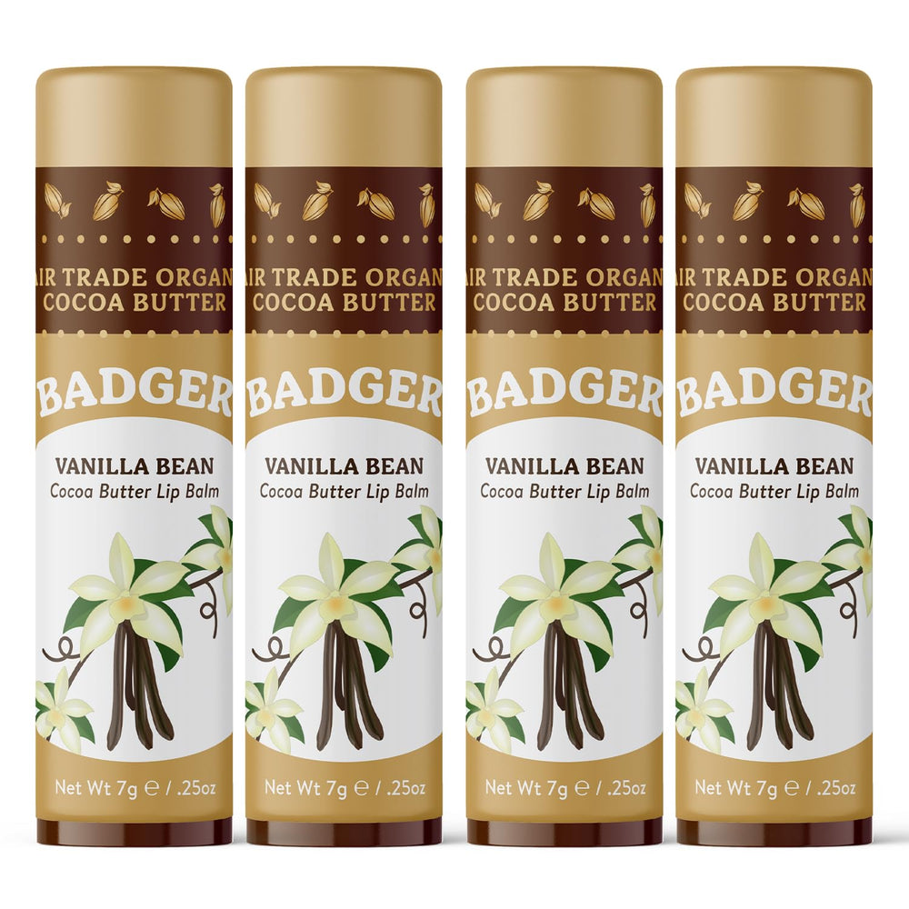 Badger Vanilla Bean Cocoa Butter Lip Balm in a four-pack, ultra-hydrating for dry lips