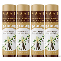Badger Vanilla Bean Cocoa Butter Lip Balm in a four-pack, ultra-hydrating for dry lips