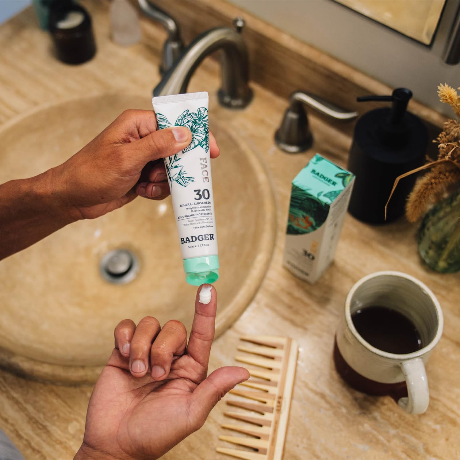 Badger vegan sunscreen with 80% organic ingredients for nourishing protection.