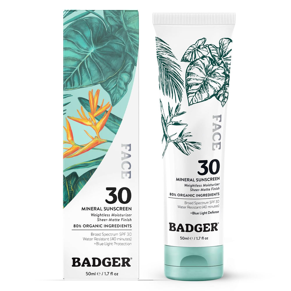 Badger zinc oxide face sunscreen SPF 30 for easy application and sheer finish.