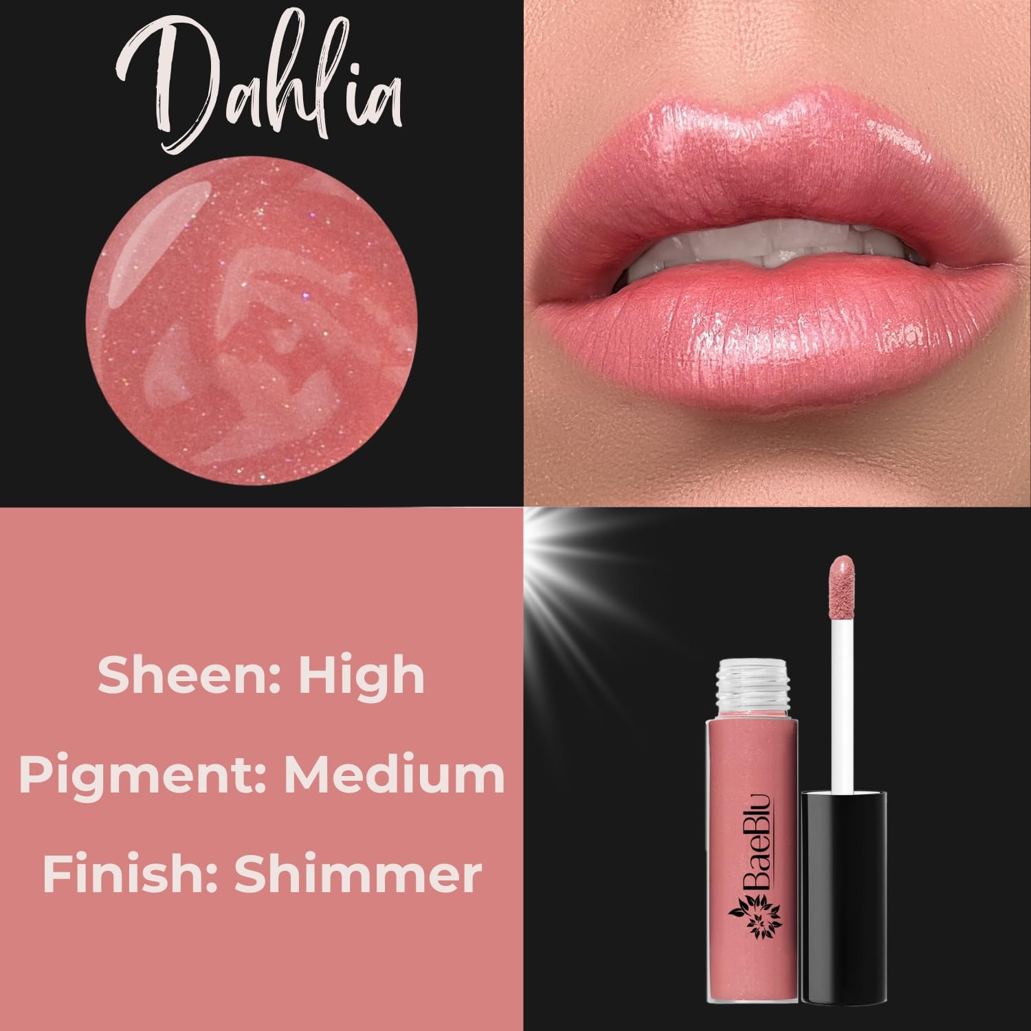 Baeblu Dahlia lip gloss texture close-up reveals a smooth, shiny finish.