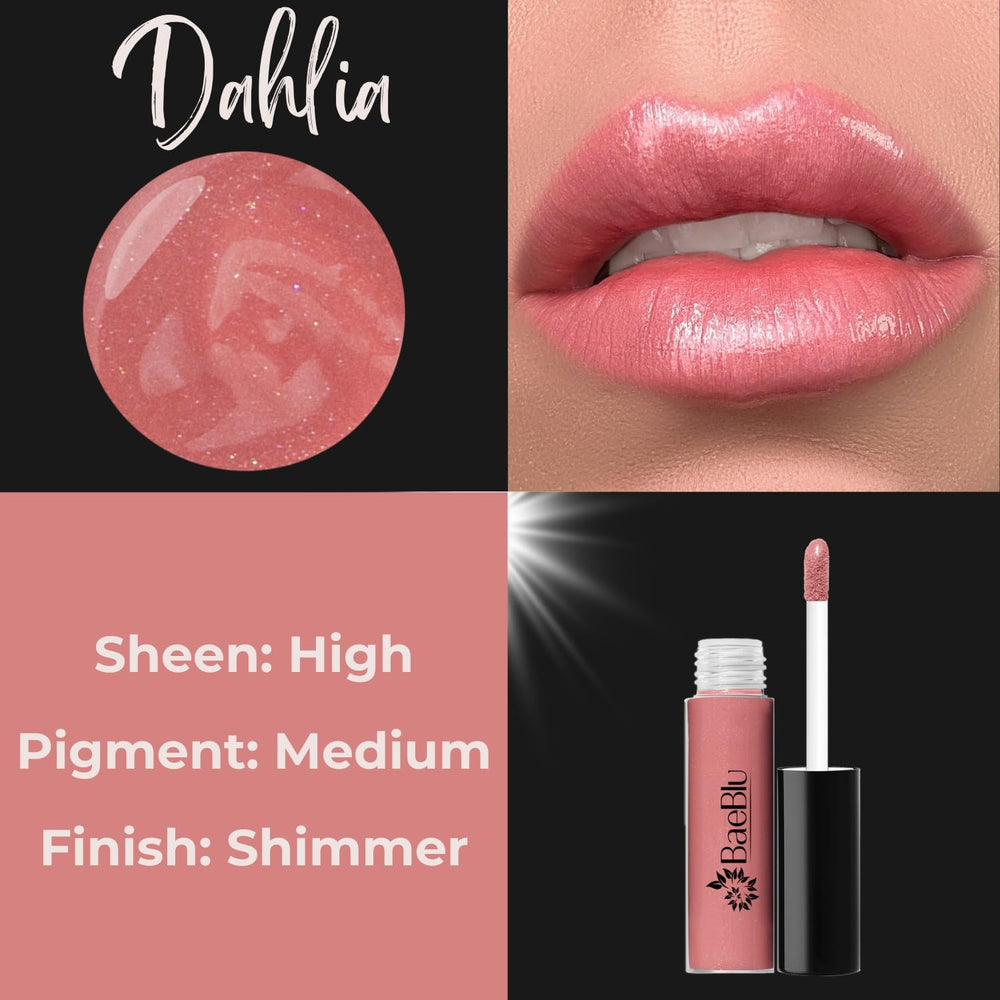 Baeblu Dahlia lip gloss texture close-up reveals a smooth, shiny finish.