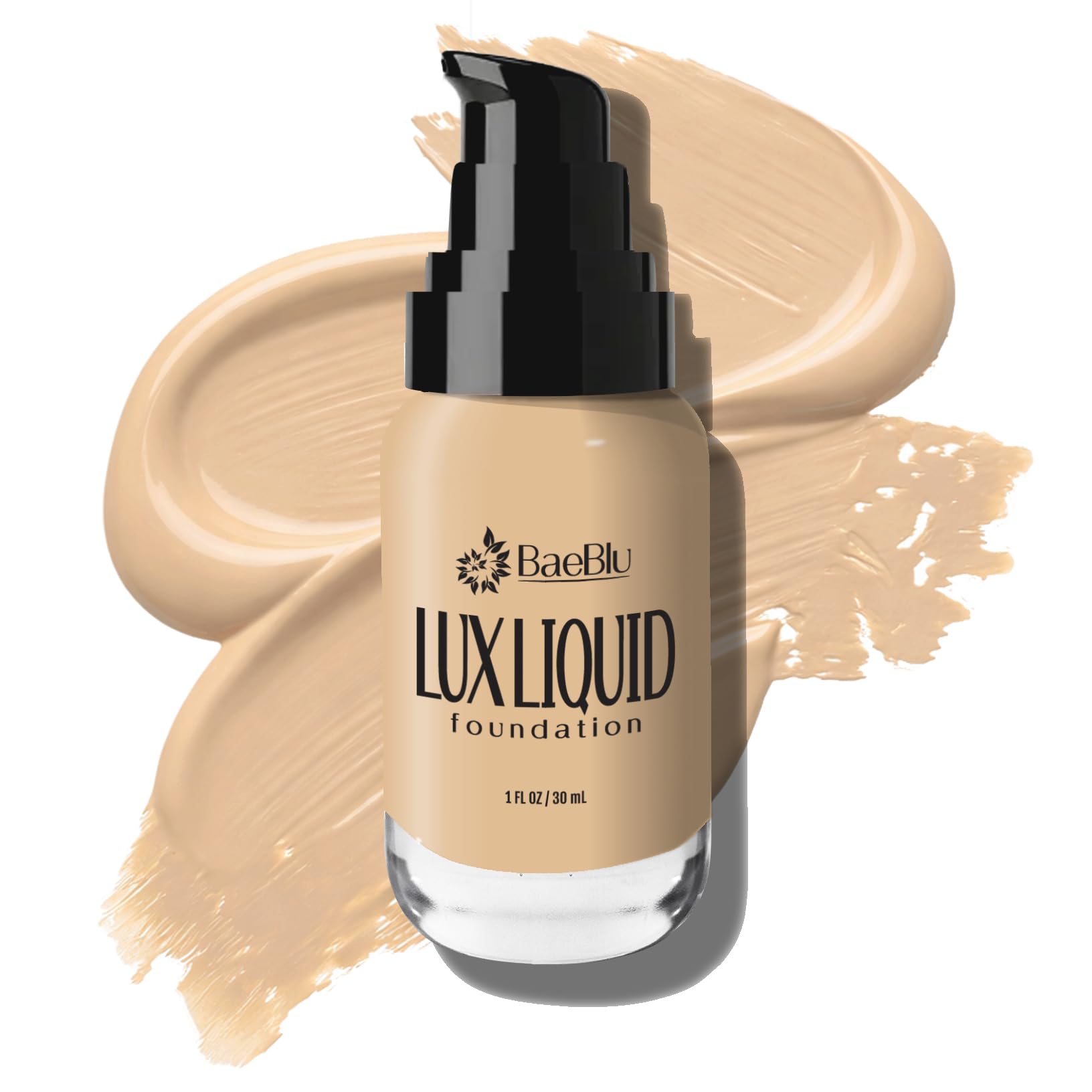 BaeBlu Organic Aloe-LUX Foundation bottle front showing natural, buildable coverage.