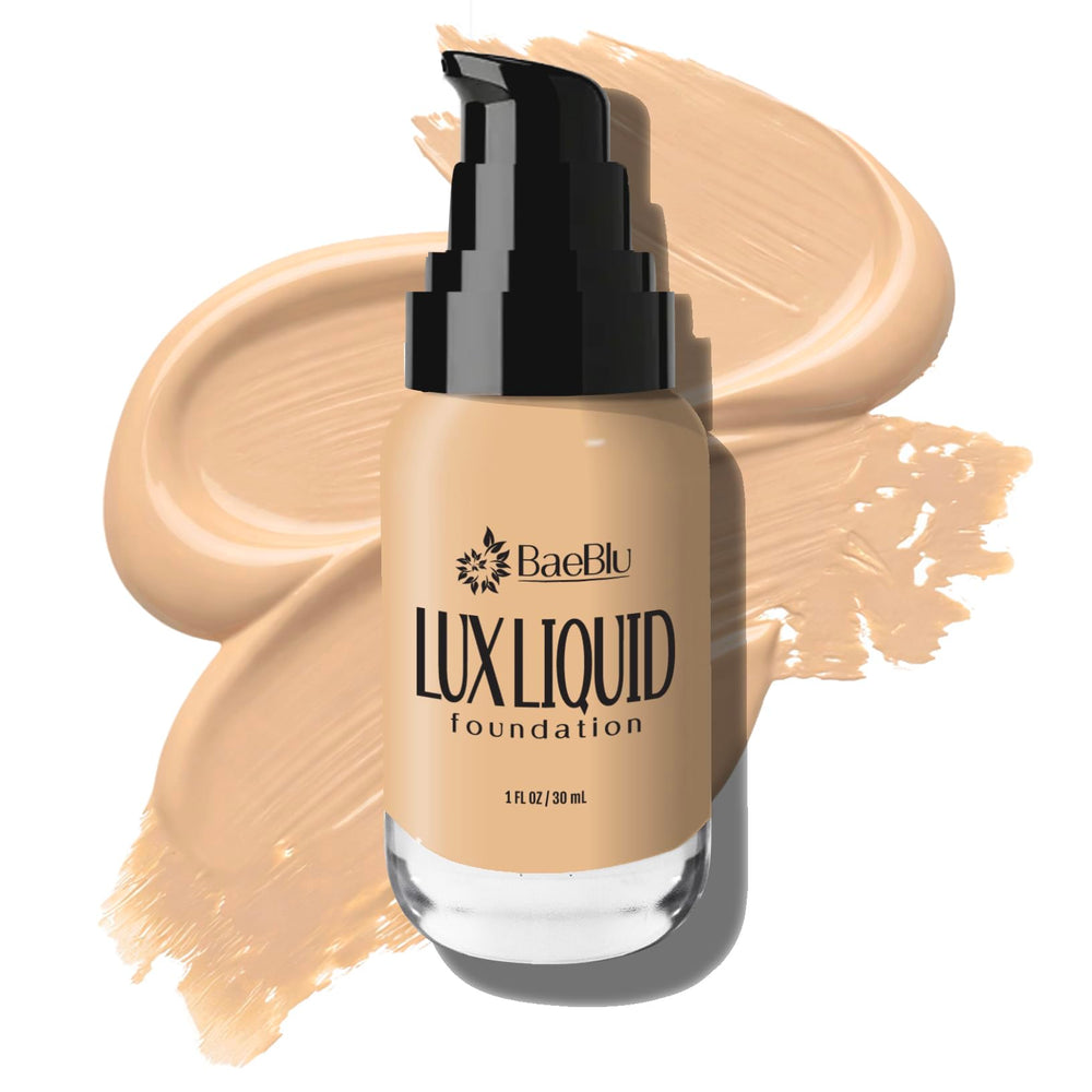 BaeBlu Organic Aloe-LUX Foundation bottle front showing natural, buildable coverage.