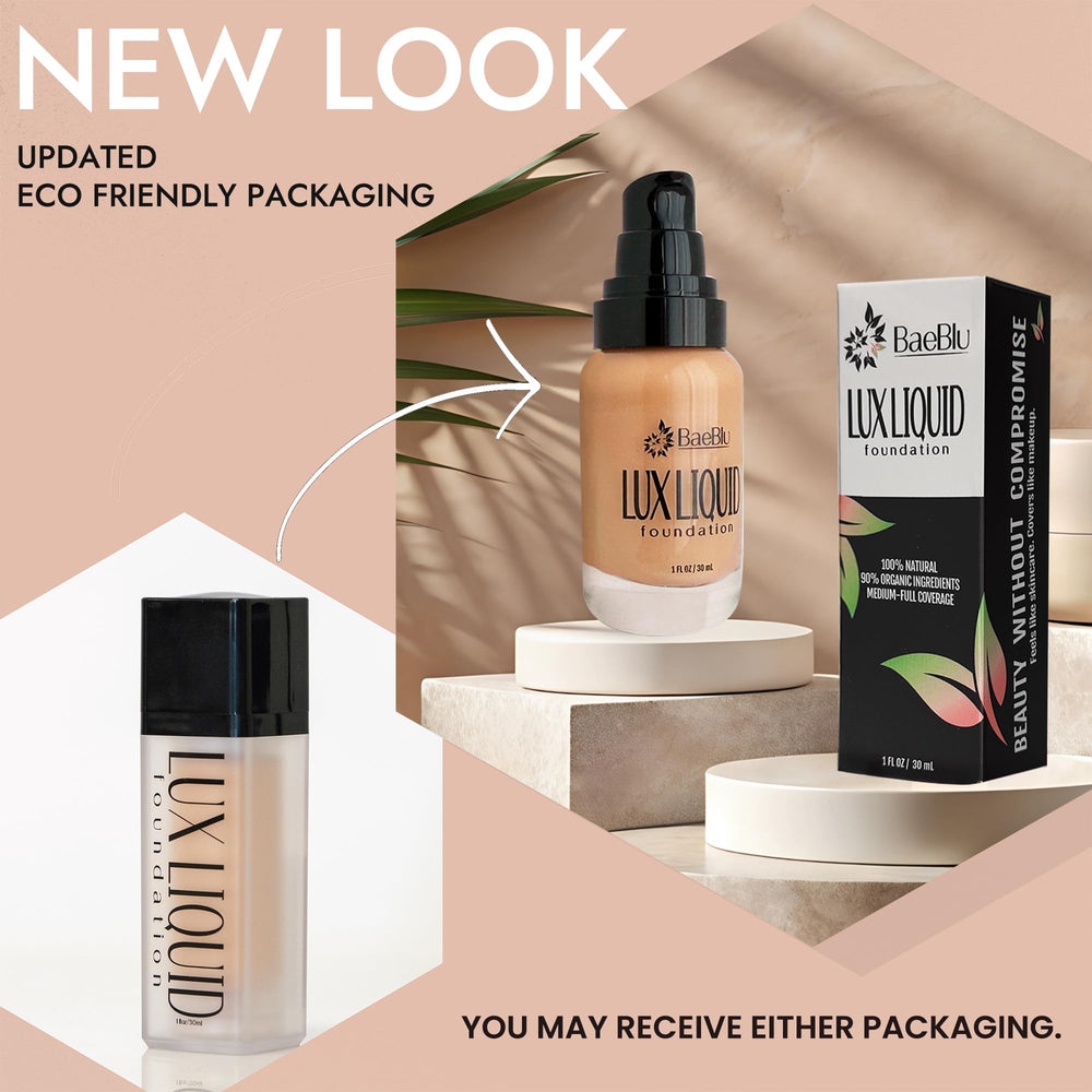 BaeBlu Organic Aloe-LUX Foundation ingredients panel emphasizes aloe and agave nourishment.