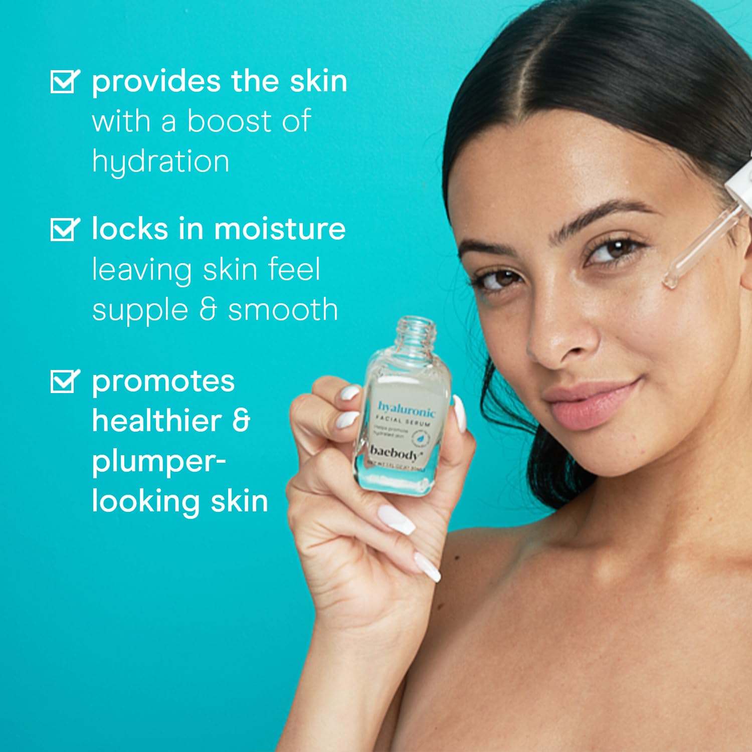 Baebody Hyaluronic Serum dropper closeup for precise application.