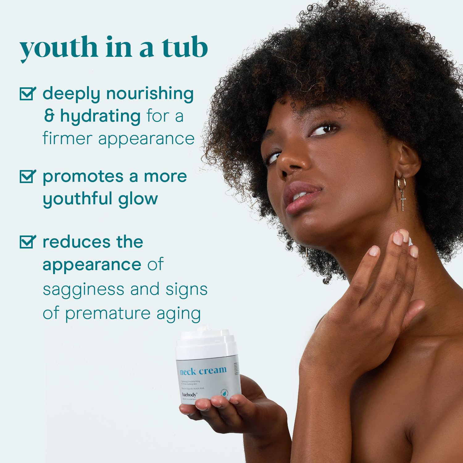 Baebody neck-cream jar closeup shows luxurious texture for neck care.